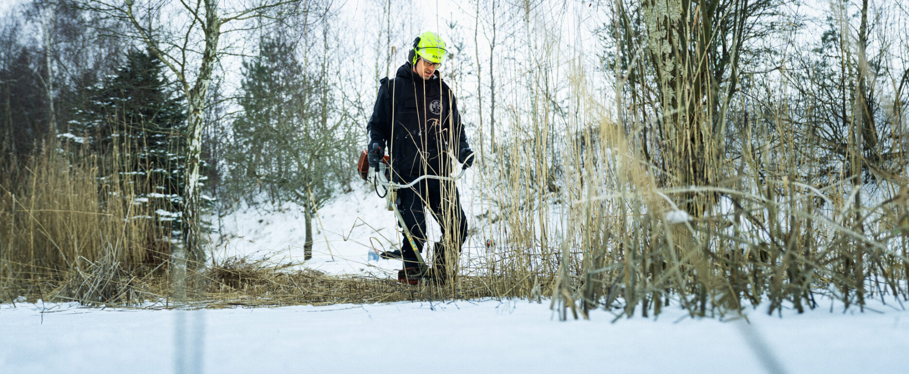 Mand arbejder i sneklædt skov